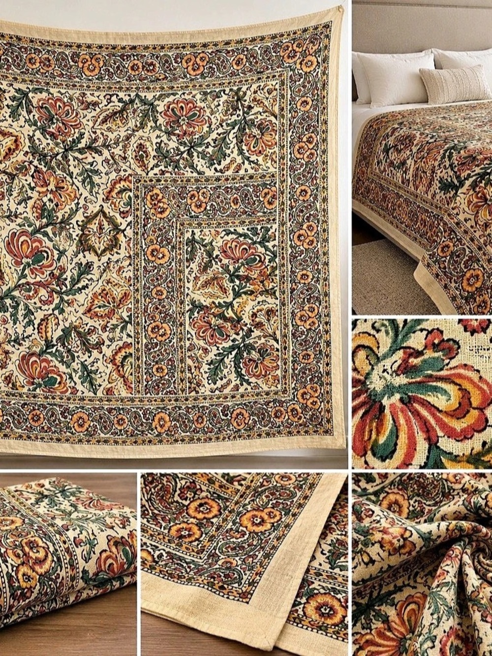 Vintage Paisley Floral Oversized Throw Blanket / Bedspread 8 ft x 8 ft